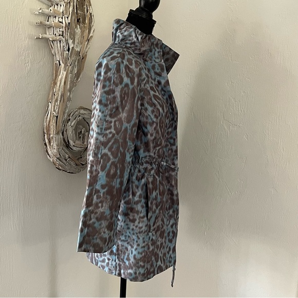 Simonton Says Women Animal Print Anorak Jacket XS Blue Grey Tie Waist Rain Slick - Picture 8 of 16